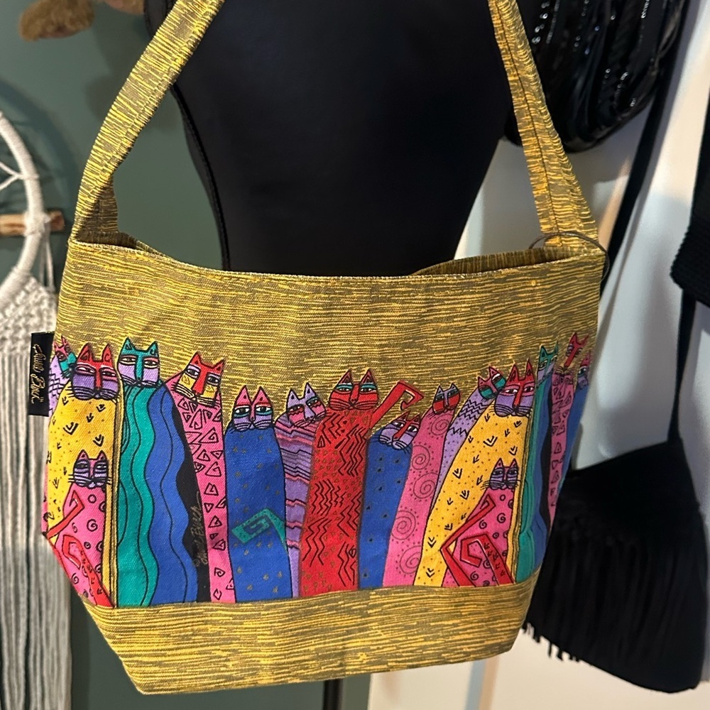 Laurel Burch Colorful Cat Shoulder Bag Art Cats Canvas Purse 14x10 Boho Tote
